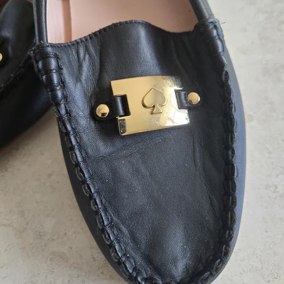 Kate Spade Black Leather Loafers with Gold-Tone Logo Accent - Picture 2 of 6